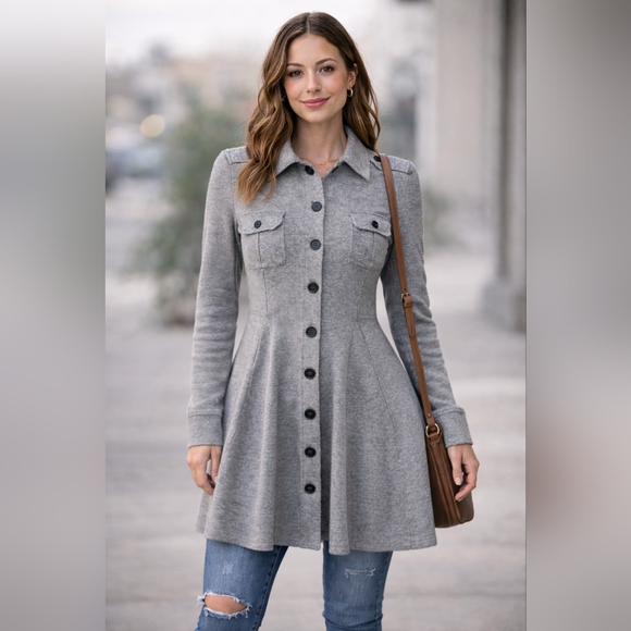 Free People Dresses & Skirts - Free People Gray Military Button Front Fit & Flare Sweater Dress Jacket Sz S